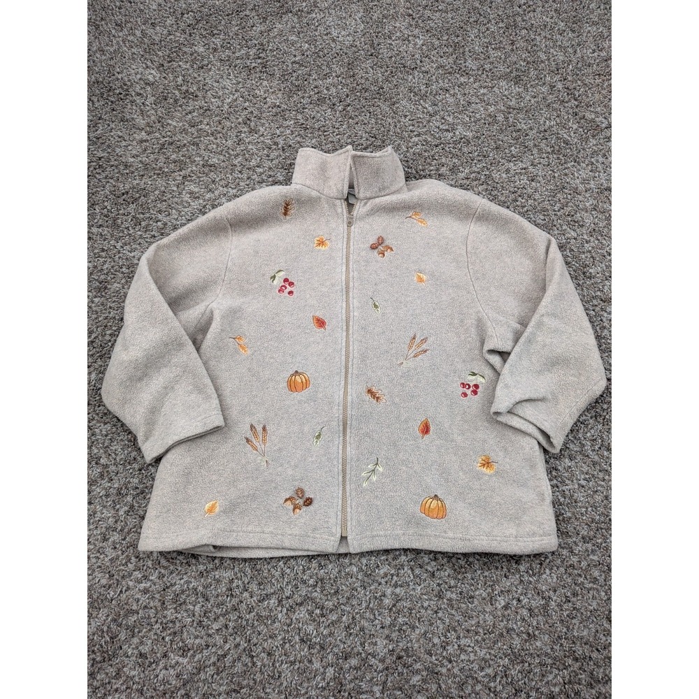 Vintage BonWorth Autumn Fall Zip Fleece Sweatshirt Large Petite Leaves‎ Acorns
